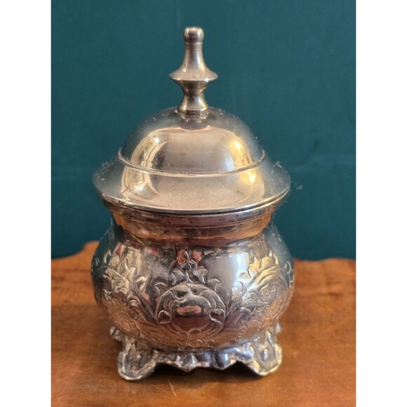 Vintage Miniature Tea Set Engraved Silverplate Sugar Bowl 3.75" H 2.25" Dia - Picture 4 of 7